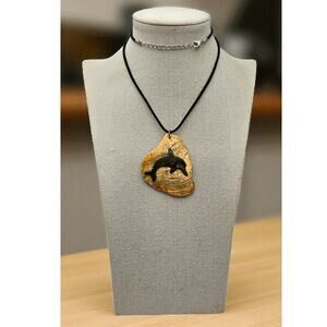 Dolphin Pendant Necklace Black Cord Natural Shell Iridescent Boho Ocean Jewelry